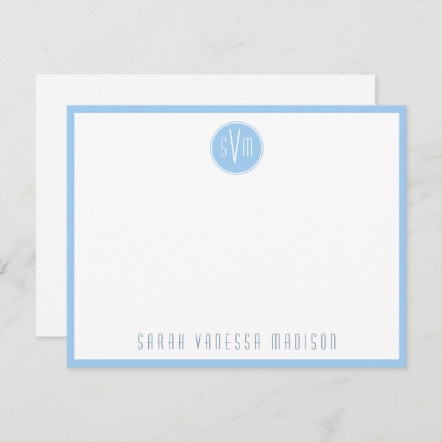 Circle Blue Monogram Name Note Card (Front/Back)