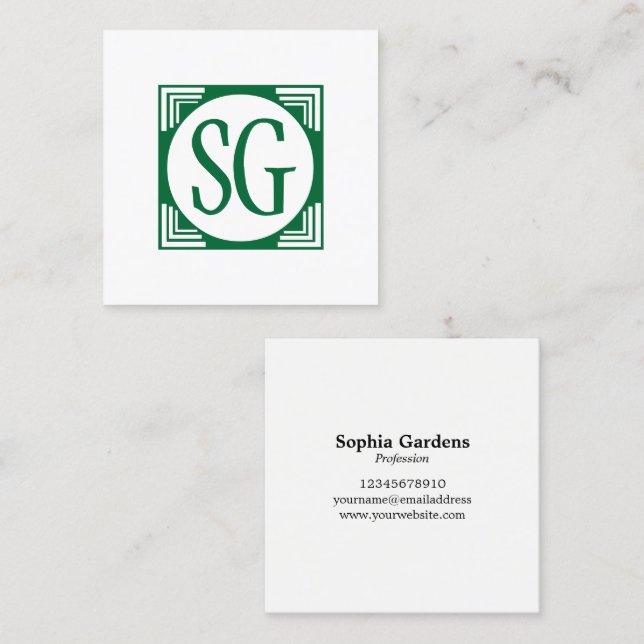Circle Box - Initials - Forest Green Square Business Card (Front/Back)