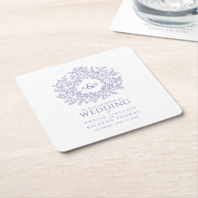 Circle leaf drawing monogram wedding very peri  square paper coaster (Angled)