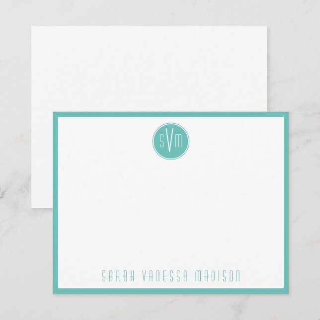 Circle Light Teal Monogram Name Note Card (Front/Back)