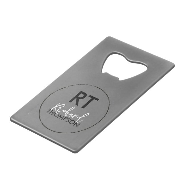 Circle Logo Monogram Grey Credit Card Bottle Opener (Front Angled)