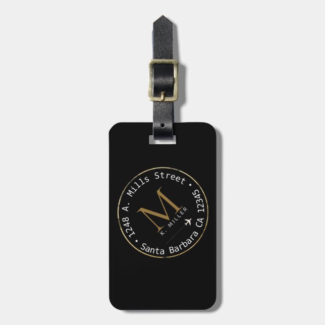 circle monogram with address on black luggage tag (Front Vertical)