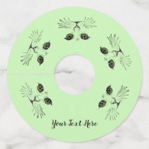 Circle of Cat Faces Whiskers Green Yellow Eyes Wine Glass Tag