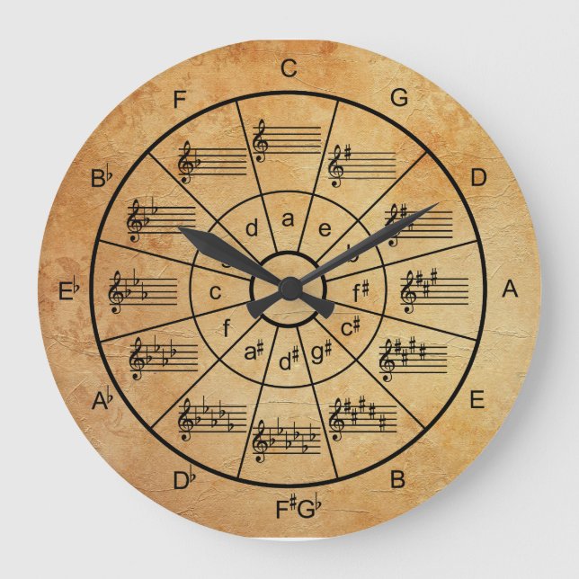 Circle of fifths brown colour musicians large clock (Front)