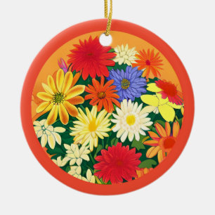 Circle of Flowers, Colored Daisies and Asters Ceramic Ornament