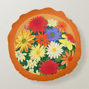 Circle of Flowers, Colored Daisies and Asters Round Pillow