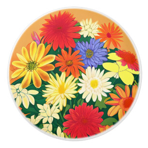 Circle of Flowers, Coloured Daisies and Asters Ceramic Knob