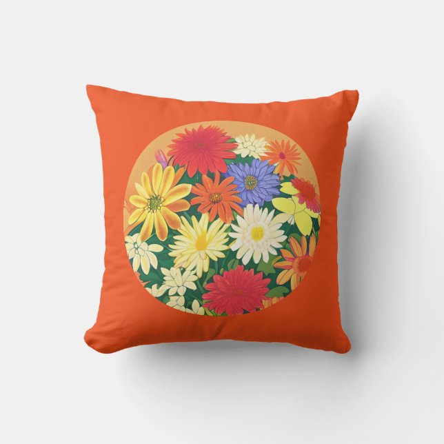 Circle of Flowers, Coloured Daisies and Asters Outdoor Pillow (Front)