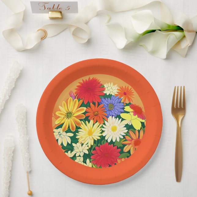Circle of Flowers, Coloured Daisies and Asters Paper Plate (Wedding)