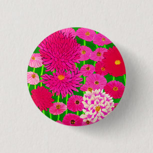 Circle of Flowers, Fuchsia Pink Chrysanthemums  1 Inch Round Button