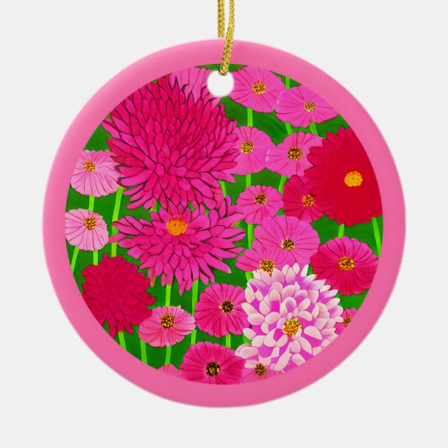 Circle of Flowers, Fuchsia Pink Chrysanthemums Ceramic Ornament (Front)