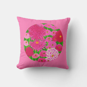 Circle of Flowers, Fuchsia Pink Chrysanthemums Outdoor Pillow