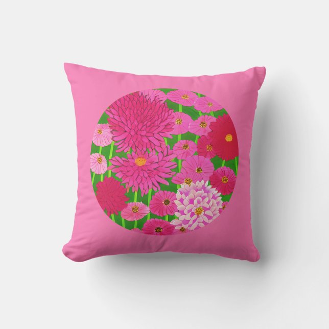 Circle of Flowers, Fuchsia Pink Chrysanthemums  Outdoor Pillow (Front)