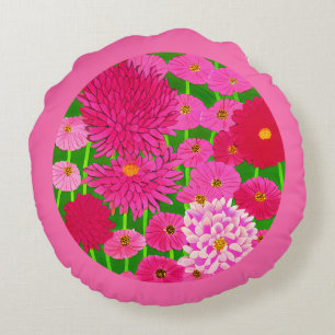 Circle of Flowers, Fuchsia Pink Chrysanthemums  Round Pillow