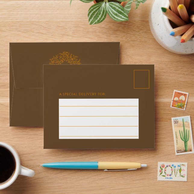 Circle of leaves art wedding orange brown white envelope (Desk)