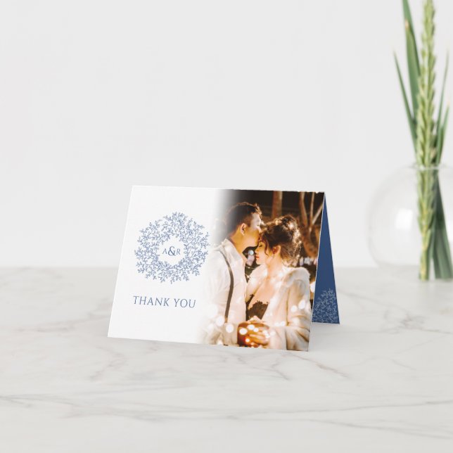 Circle of leaves monogram blue wedding photos thank you card (Front)