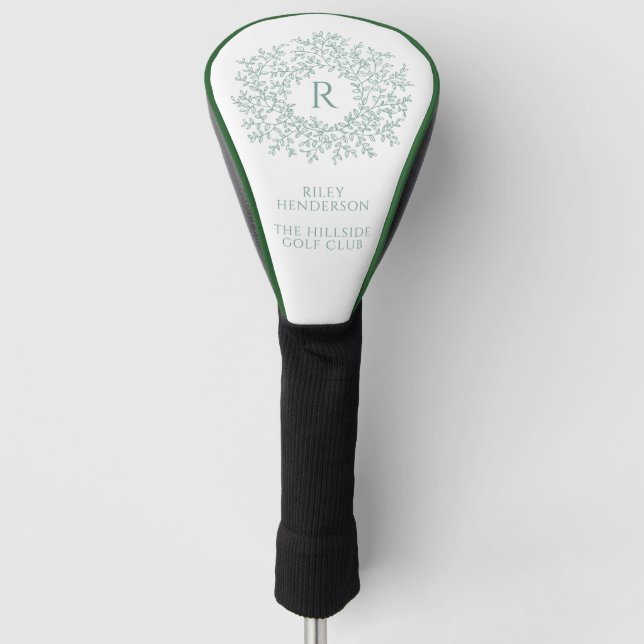 Circle of leaves monogram name and club sage green golf head cover (Front)