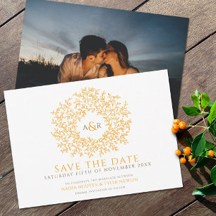 Circle of leaves orange brown white photo wedding save the date