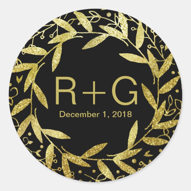 Circle of Leaves Wreath Gold Glitter | black Classic Round Sticker (Front)