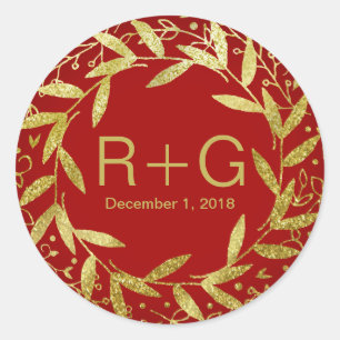 Circle of Leaves Wreath Gold Glitter red Classic Round Sticker
