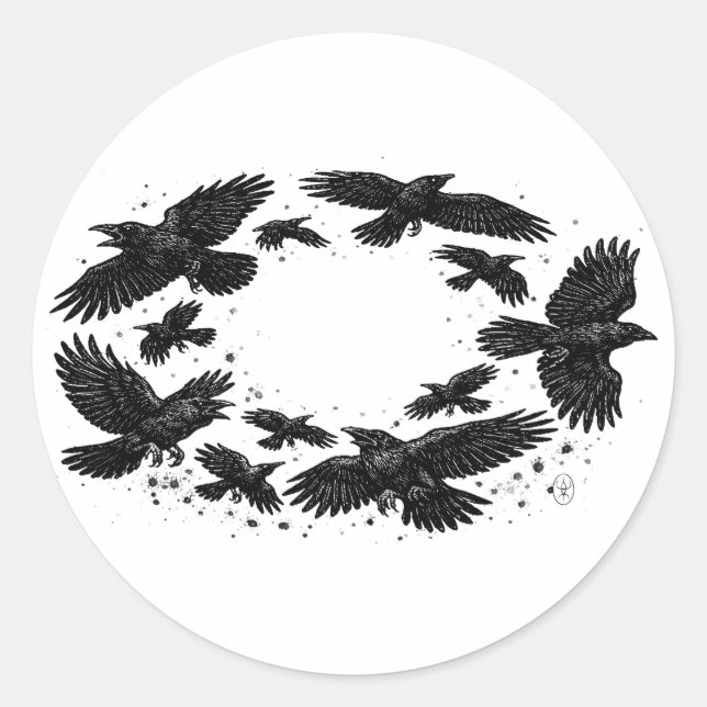 Circle of Ravens – Haunted Ink Illustration Classic Round Sticker (Front)