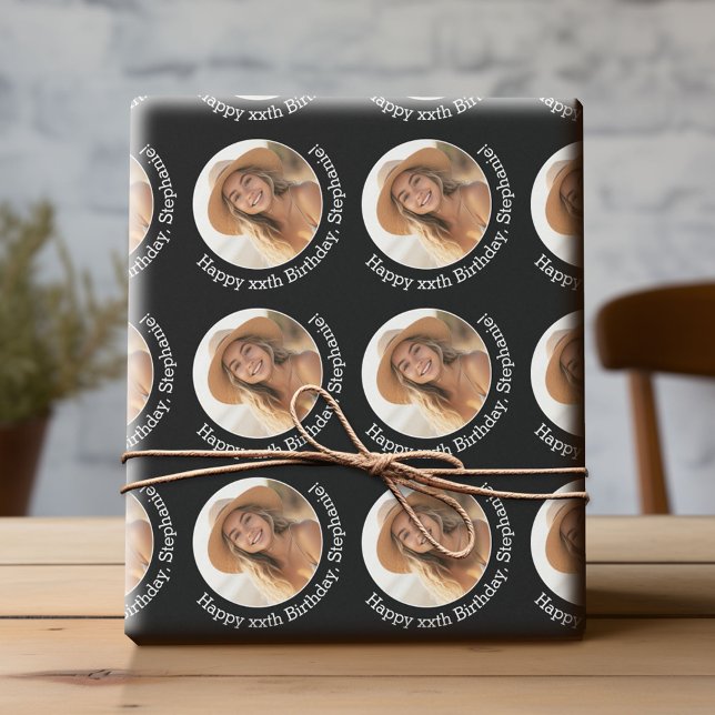 Circle One Photo with Birthday Greeting - Black Wrapping Paper (Custom Birthday Wrapping Paper with Photo)