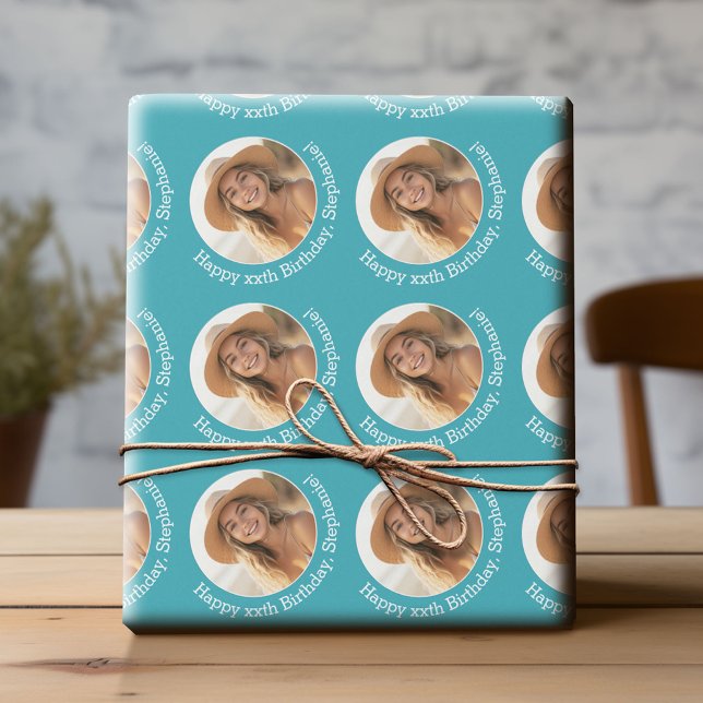 Circle One Photo with Birthday Greeting - Blue Wrapping Paper (Custom Birthday Wrapping Paper with Photo)