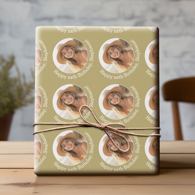 Circle One Photo with Birthday Greeting - Gold Wrapping Paper (Custom Birthday Wrapping Paper with Photo)