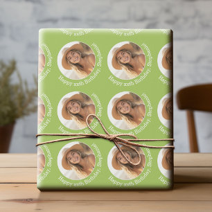 Circle One Photo with Birthday Greeting - Green Wrapping Paper