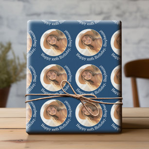 Circle One Photo with Birthday Greeting - Navy Wrapping Paper