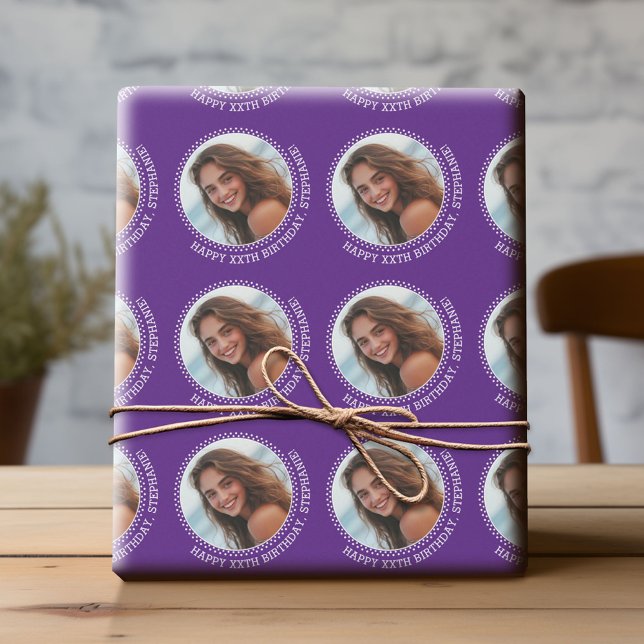 Circle One Photo with Birthday Greeting - Purple Wrapping Paper (Custom Birthday Wrapping Paper with Photo)