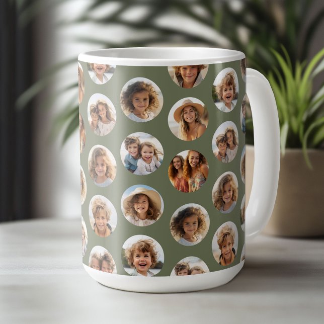 Circle Photo Pattern - 12 Pictures - sage green Coffee Mug (Custom Photo Mug)