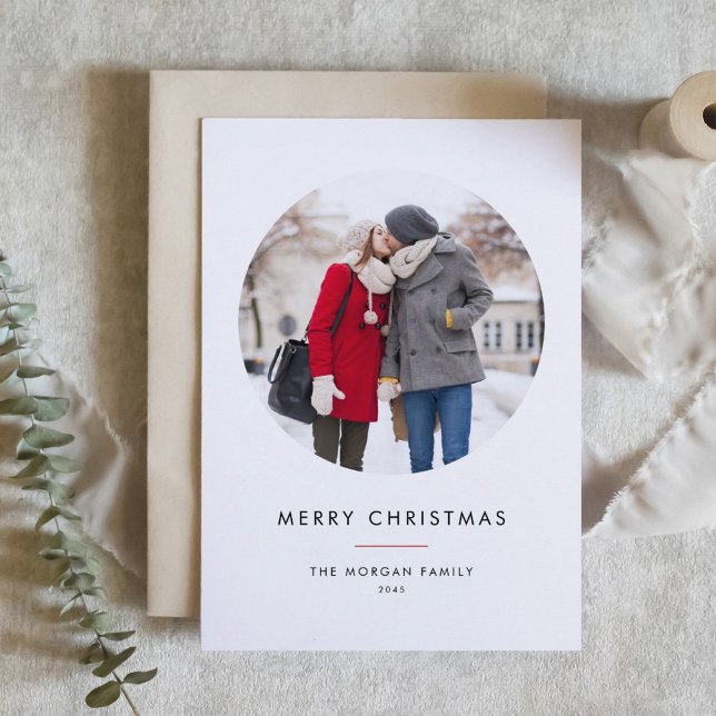 Circle Photo Red Minimalist Merry Christmas Holiday Card (Customizable photo Christmas card featuring modern typography and circle layout.  )