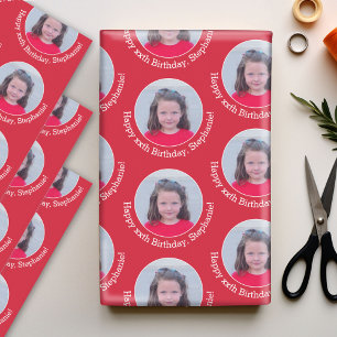Circle Photo with Birthday Greeting Red Background Wrapping Paper Sheet
