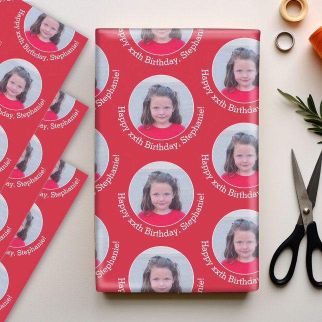 Circle Photo with Birthday Greeting Red Background Wrapping Paper Sheet (Custom Photo Wrapping Paper)