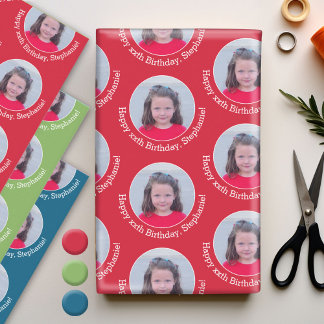 Circle Photo with Birthday Greeting Red Blue Green Wrapping Paper Sheet