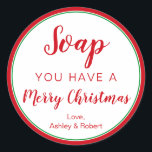 Circle Soap Label, Christmas Holidays Red & Green Classic Round Sticker<br><div class="desc">Use these sweet round stickers to label bars of soap,  body wash or hand sanitizer this holiday season.  Makes a great teacher or customer gift.</div>