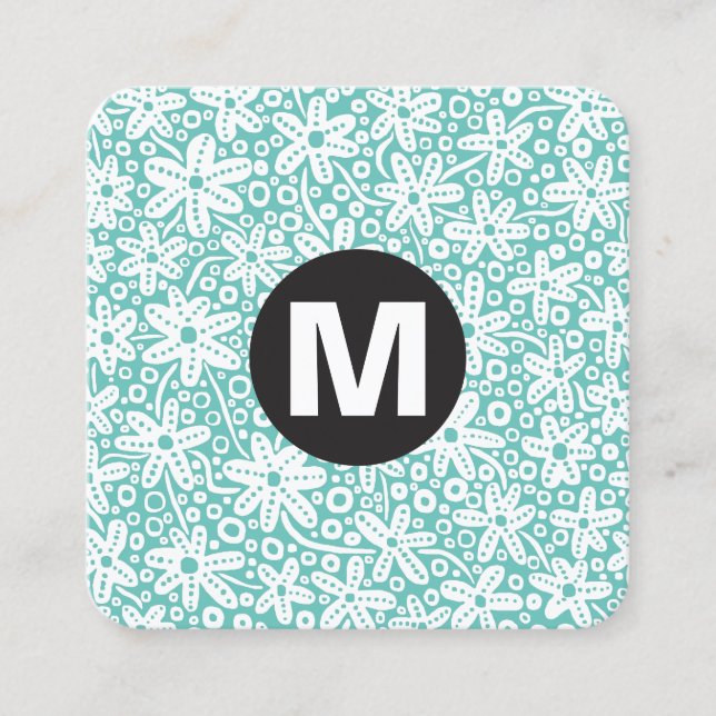 Circle Spot Monogram - Flowers - Turquoise Square Business Card (Front)