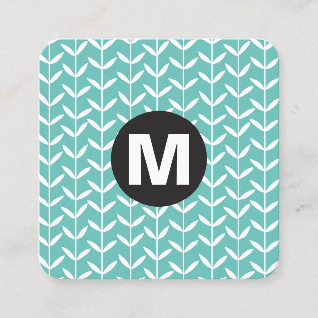 Circle Spot Monogram - Leaf Stalks - Lt Aqua Square Business Card (Front)