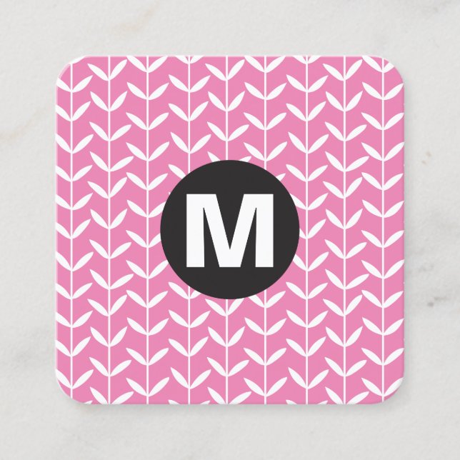 Circle Spot Monogram - Leaf Stalks - Pink Square Business Card (Front)