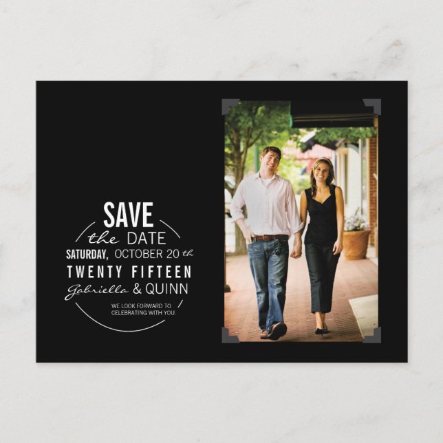 Circle Text & Photo Black Save the Date Postcard (Front)