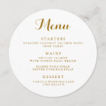 Circle Wedding Menu<br><div class="desc">Classic gold script wedding menu printed on a circle card. Place in the middle of the dinner plate for an elegant look.</div>