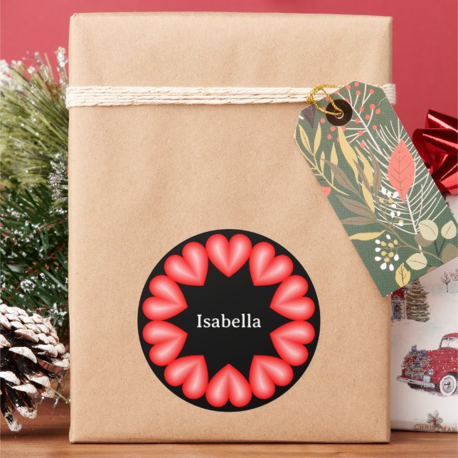 Circle with hearts and customizable name classic round sticker (Holiday)