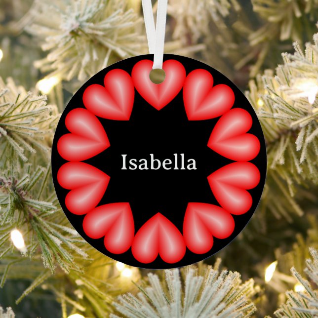 Circle with hearts and customizable name metal ornament (Insitu)
