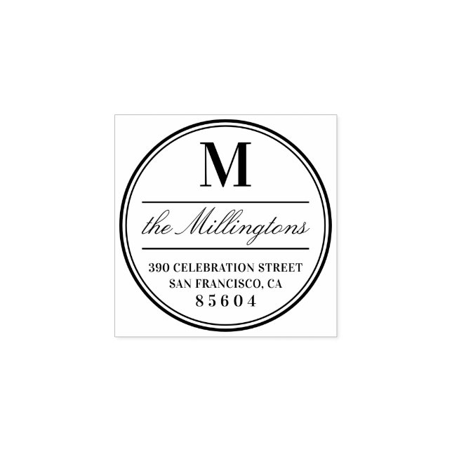 Circled Monogram Family Name Script Return Address Rubber Stamp (Imprint)