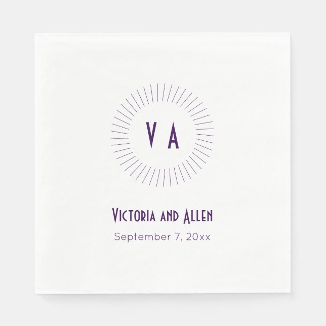 Circled Purple Monogram with Name and Date Wedding Napkin (Front)