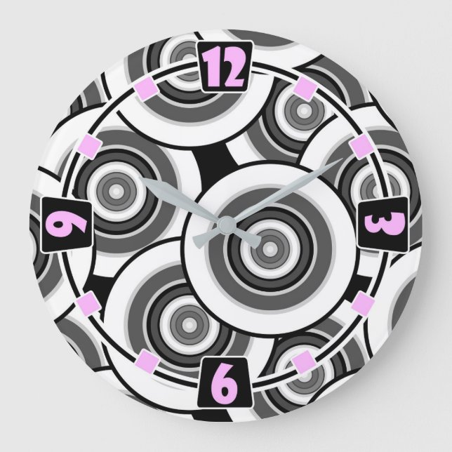 Circles and rings geometric black and white patter large clock (Front)