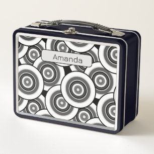 Circles and rings geometric black and white patter metal lunch box