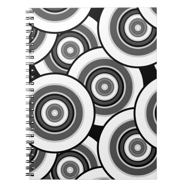 Circles and rings geometric black and white patter notebook (Front)
