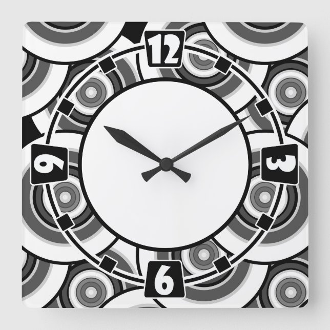 Circles and rings geometric black and white patter square wall clock (Front)